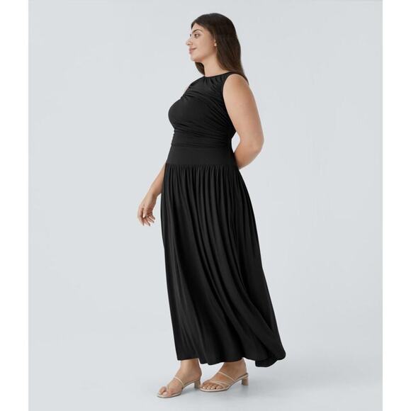 Halara Ribbed Boat Neck Asymmetric Strap Maxi Dress Black Sz Medium NEW - Picture 3 of 10